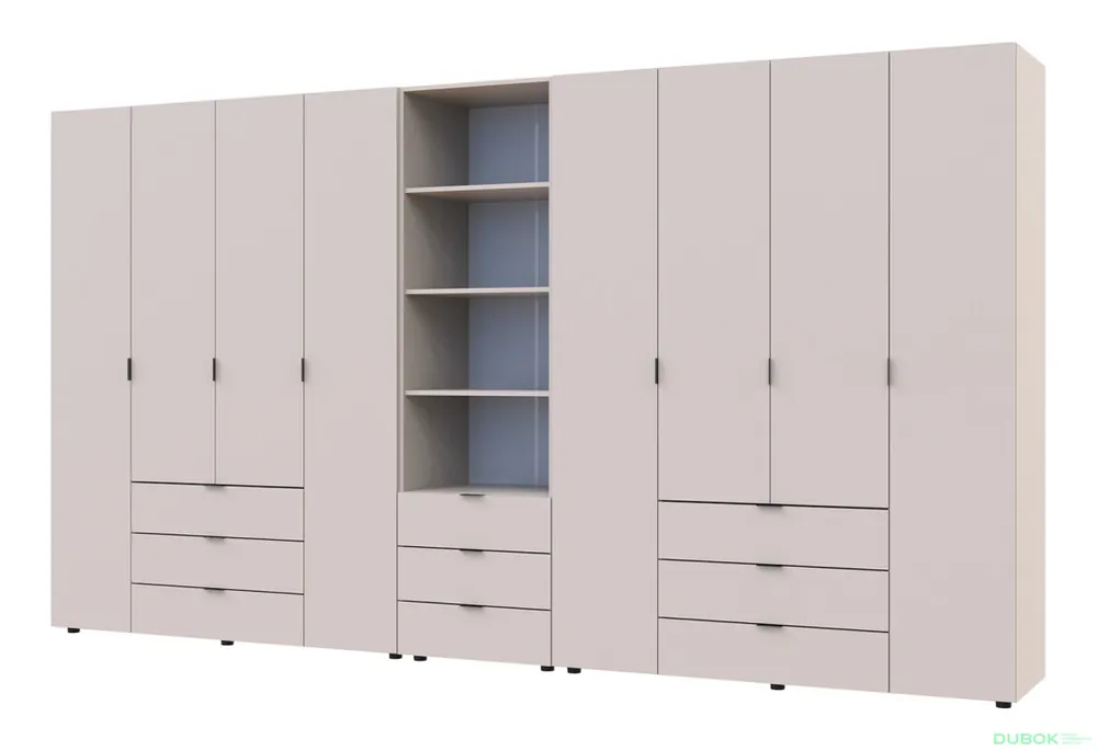 Značkový Skříň osmidveřová s regálem se zásuvkami Gelar 370 cm kašemír
